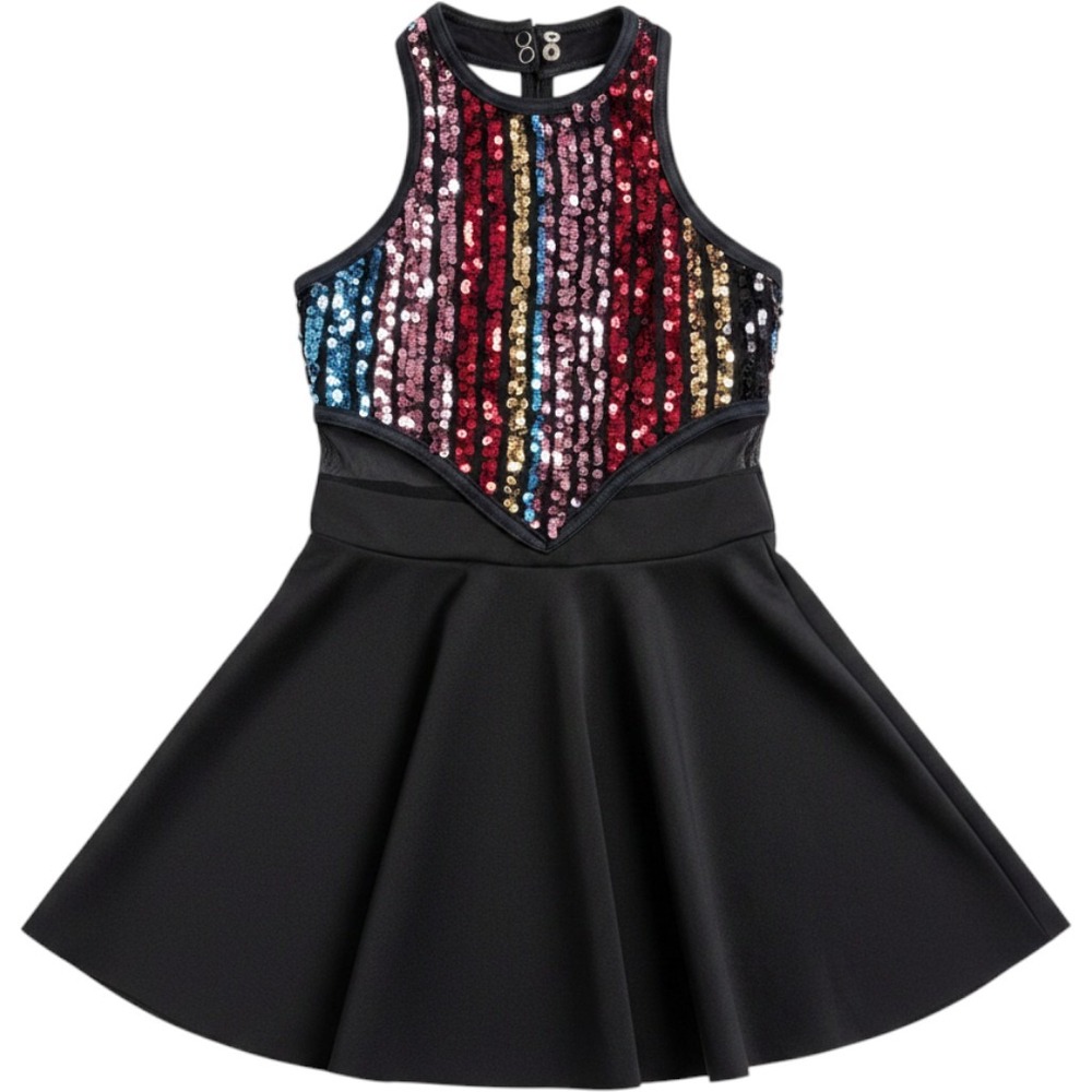 Weissman IC Kids Sequin Rainbow Stripe Dance Costume Skater Dress Black Jazz